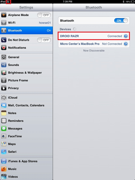iPad Bluetooth Connected
